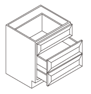 Line drawing of a two-drawer cabinet with an open top drawer.